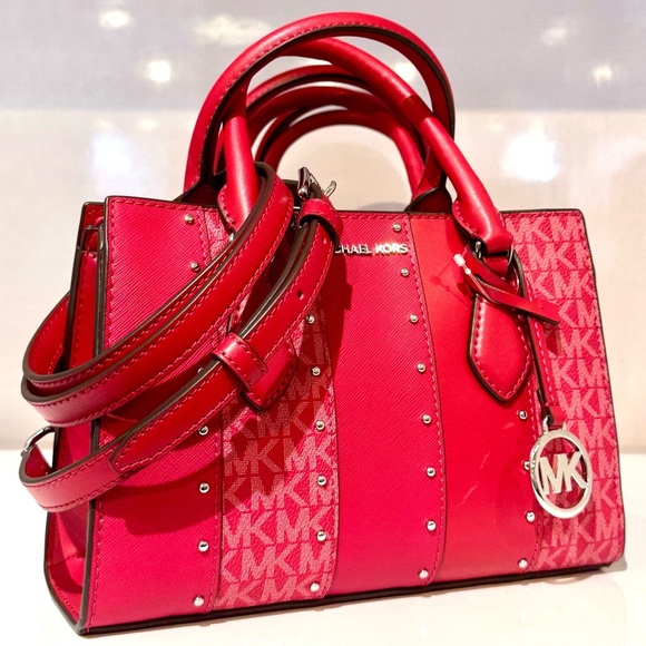 Michael Kors Sheila Small Studded Signature Logo Satchel Dark Raspberry Multi - Picture 3 of 10